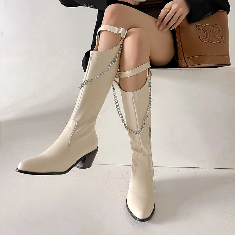 Plus Size Metal Chain Buckle Catwalk Knee Boots Plush Lining Pointed Toe Tapered Chunky Heel Nightclub Performance Sexy Boots