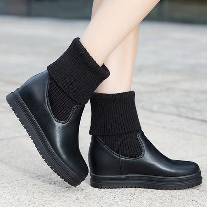 Knitting Wool Splicing PU Slip-On Women's Mid-calf Boots With Flat Heels And Thick Soles For Winter Warmth Office Boots