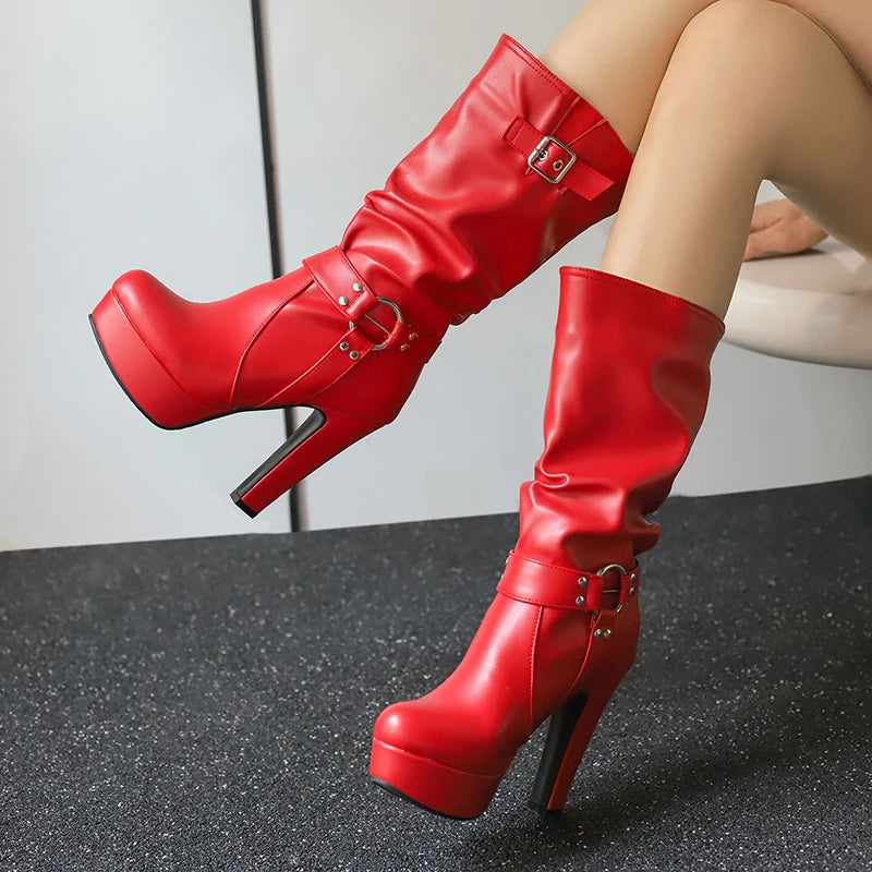 Plus Size Rivet Circular Buckle Slip-On Women's Mid Length Boots Platform Ultra-High Thick Heel Winter New Fashion Boots