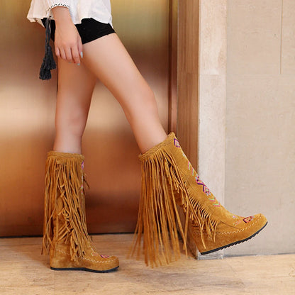 Plus Size Tassel Flock Embroidery Pattern Ethnic Style Women's Mid-Calf Boots Flat Bottom And Raised Plush Inner Lining Boots