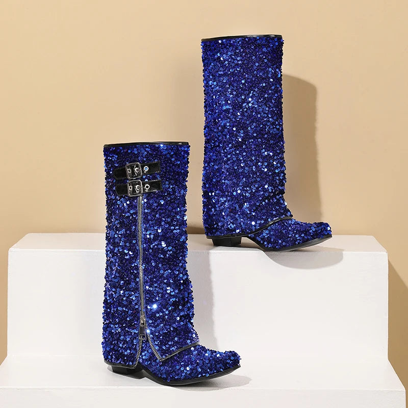 Circle Glitter Flipped Zipper Mid-Calf Boots