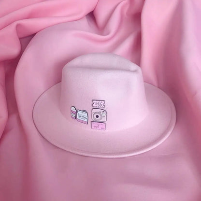 Cartoon Metal Patch Pink Fedora Hat