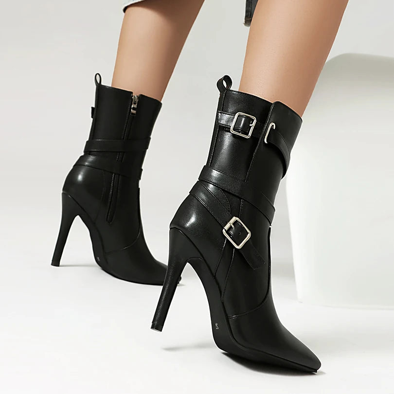 Plus Size Cross Metal Belt Buckle Pointed Ultra-High Thin Heel Side Zipper Sexy Boots Breathable Interior Fashion Mid-calf Boots