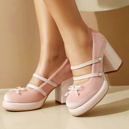 Velour Velvet Pink Red Round Toe Platform Women Mary Janes Shoes Double Buckle Strap Chunky Block High Heels Lady Lolita Pumps