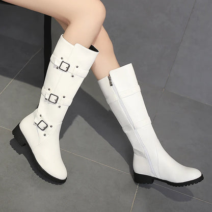 Plus Size Three Row Metal Belt Square Buckle Rivets Classic Retro Style Knight Boots Side Zipper Knee High Boots New Spring 2024