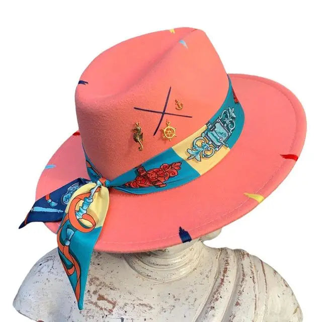 Cartoon Metal Patch Pink Fedora Hat