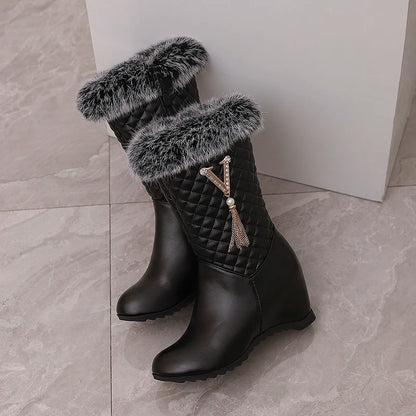 Pearl Metal Tassel Flat Bottom Slope Heel Winter Mid Barrel Snow Boots Thick Plush Inner Plaid Stripe Side Zipper Women's Boots