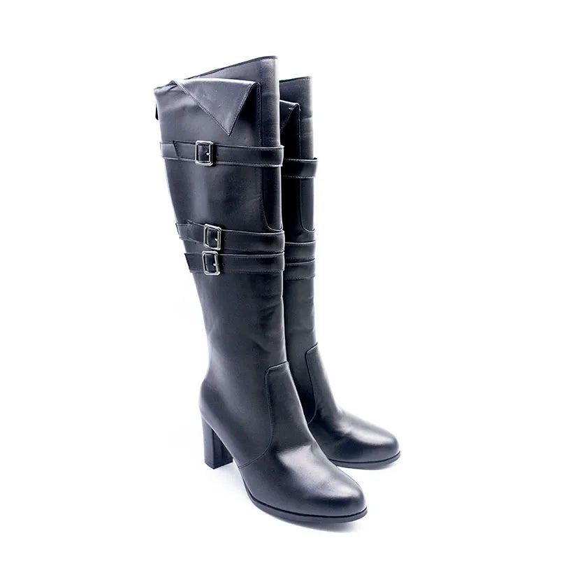 Plus Size Three Row Buckle Round Toe Thick Heel Zipper Women's Knee Length Boots With Breathable Microfiber Lining Knight Boots