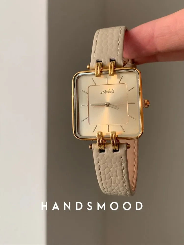 Retro Rectangle Gold Leather Women's Watch Leisure Quartz Japanese Movement Waterproof Clock Office Women's Watch Montes Femmes