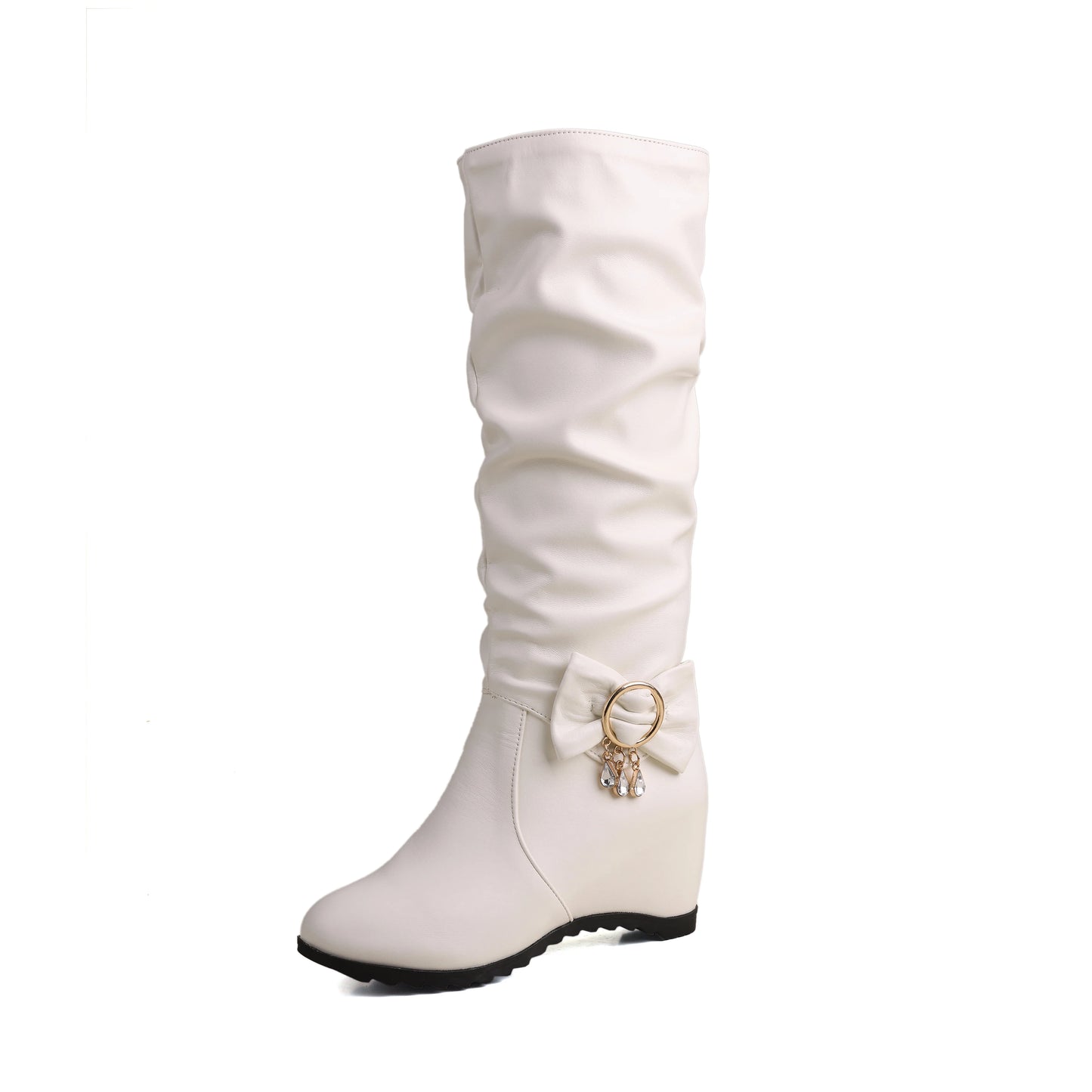 Round Toe Slope With Plush Lining Winter Snow Boots With Metal Buckle Pearl Bow Slip-On Height Increasing Knee High Boots