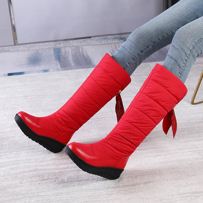 2024 Plus Size Winter Warm And Waterproof Down Cotton Boots With Tassel Lacing Flat Bottom Slope Heel Stripe Knee Length Boots