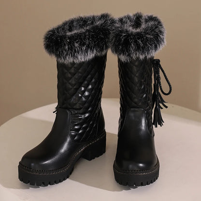 Tassel Lace Up Decal Checkerboard PU Splicing Fur Slip On Women's Mid Calf Boots Thick Sole Thick Heel Height Snow Boots