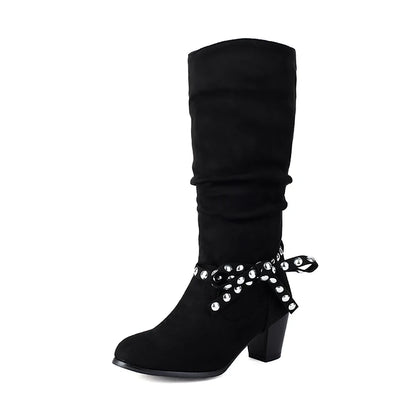 Ankle Tie Bow Round Head Thick Heel Suede Material Women's Knee High Boots Autumn And Winter New Style Simple Style Long Boots