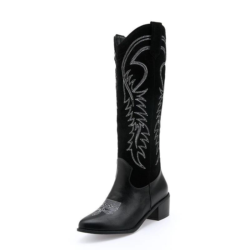 Plus Size Matte Flock Stitching PU Embroidered Popular Western Boots Pointed Thick Heel Slip On Women's Knee Boots