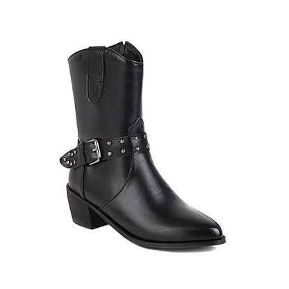 Leather Buckle Metal Stud Punk Mid-Boots