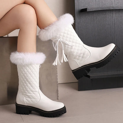 Tassel Lace Up Decal Checkerboard PU Splicing Fur Slip On Women's Mid Calf Boots Thick Sole Thick Heel Height Snow Boots