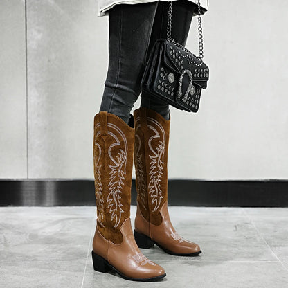 Plus Size Matte Flock Stitching PU Embroidered Popular Western Boots Pointed Thick Heel Slip On Women's Knee Boots