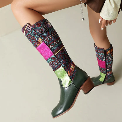 Plus Size Ethnic Style Printed Fabric Patchwork PU Women's Knee High Boots With Color Blocked Geometric Patterns Breathable Boot