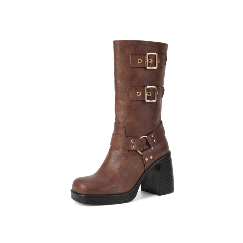 Women's Mid-Calf Boots Square Toe Super High Thick Heel