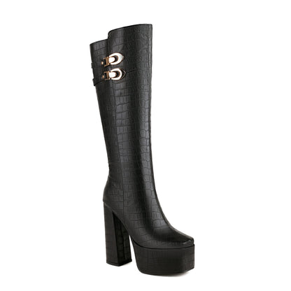 Metal Decorative Buckle High Platform Punk Style Women's Knee Boots Striped Square Toe Super High Thick Heel Side Zippered Boots