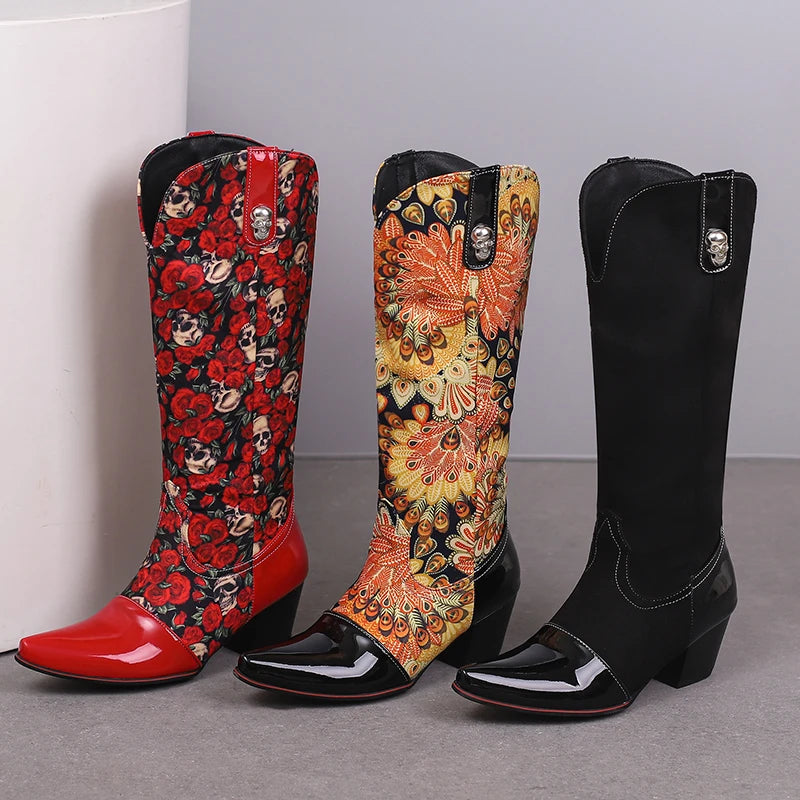 Plus Size Pointed High Heel Printed Fabric With Glossy Patent Leather Metal Buckle Decoration For Women's Knee Length Boots