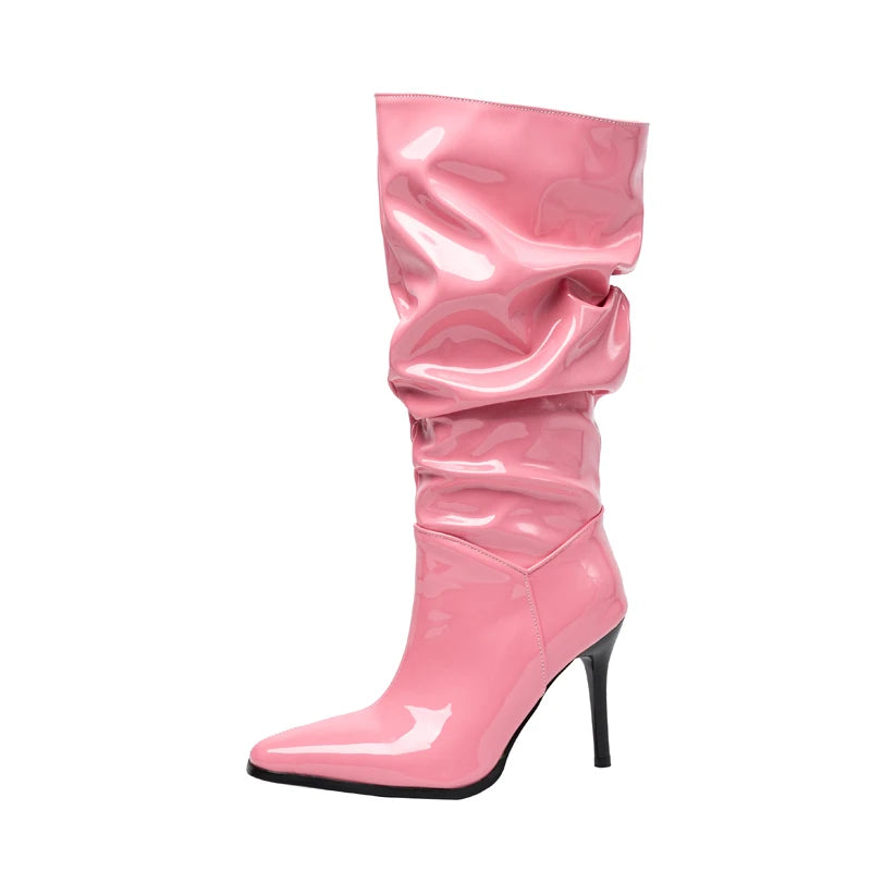 Plus Size Shiny Patent Leather Pointed Toe Super High Thin Heel Short Plush Lining Slip-On Sexy Women's Mid-Calf Boots