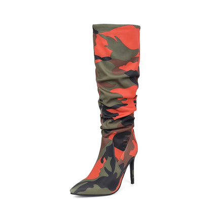 Camouflage Pointed Ultra-High Slim Heels For Women's Fashion Boots Mixed Colors For Women's Knee Length Boots