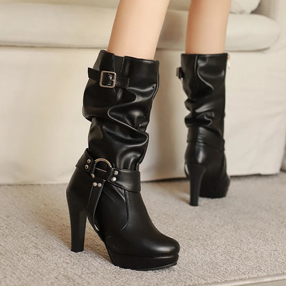 Round Metal Buckle Rivet Belt Buckle Side Zipper Breathable Knee High Boots Platform Ultra-High Thick Heel Women's Boots