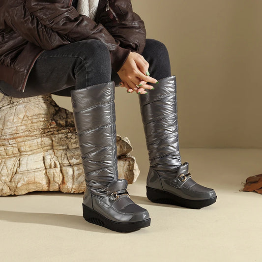 Plus Size Tarpaulin Filled Space Cotton For Winter Warmth Knee High Boots Metal Decoration Flat Heel Thick Sole Slip-On Boots