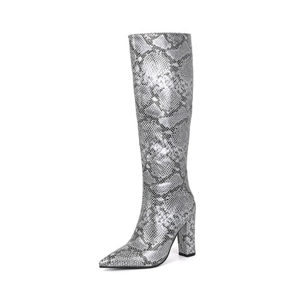 Knee Length Boots For Women With Pointed Ultra-High Thick Heels Snake Pattern New Breathable Sexy Fashion Boots For Autumn 2024