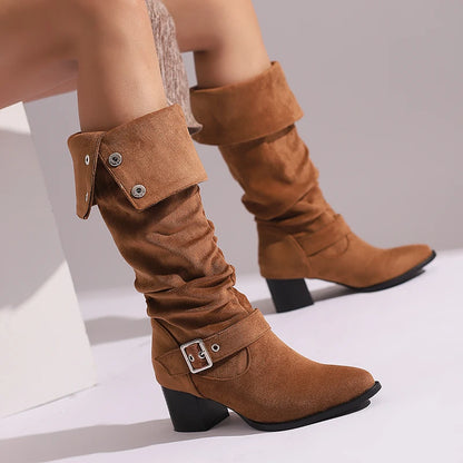 Plus Size Flipped Rivet Ankle Metal Buckle Retro Knight Boots Pointed Toe Thick Heel Frosted Velvet Material Knee High Boots