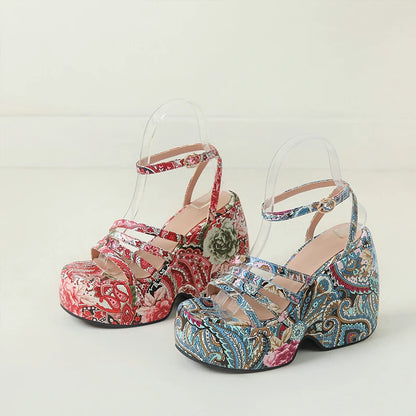 Paisley Flower Print Bohemian Ethnic Women Summer Shoes Designer Open Toe Platform Wedges High Heels Casual Sandals For Woman