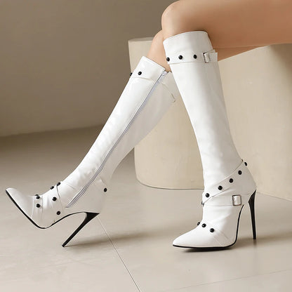 Plus Size Cross Fine Strap Buckle Rivet Side Zipper Pointed Ultra-High Slim Heel Knee Boots Punk Style Belt Buckle New Boots