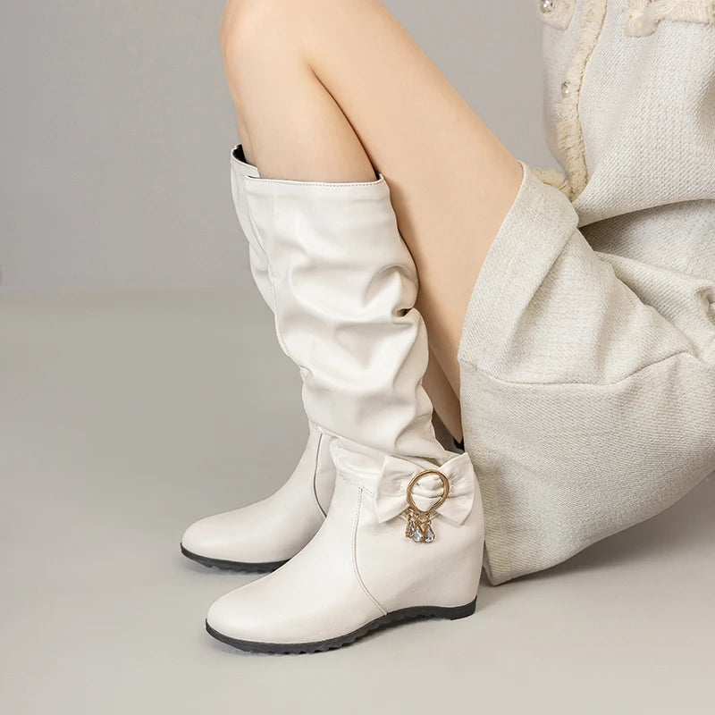 Round Toe Slope With Plush Lining Winter Snow Boots With Metal Buckle Pearl Bow Slip-On Height Increasing Knee High Boots