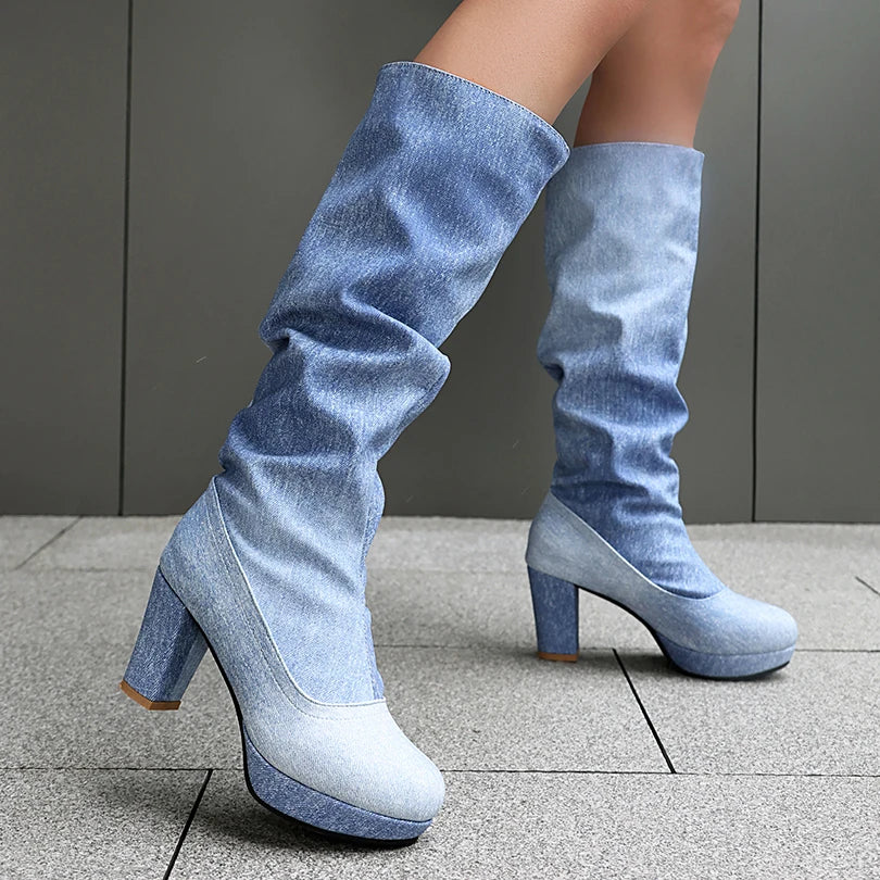 Plus Size Waterproof Round Toe Thick Heel Denim SLIP-ON Women's Knee High Boots Korean Concise Style Warm Winter Boots