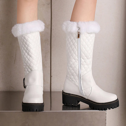 Fur Metal Belt Buckle Plush Inner Mid-Calf Boots