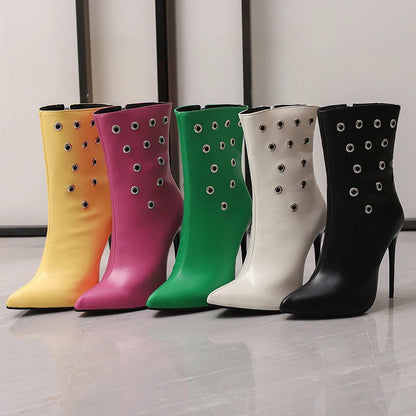 Plus Size Circular Aluminum Hole Pointed Toe Ultra-High Slim Heel Sexy Women's Mid-Calf Boots Side Zipper Hollow Breathable Boot