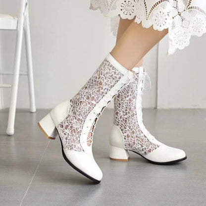 Weave Hollow Lace Patchwork Pu Cross Tie Summer Breathable Mid Length Boots With Round Toe Thick Heels Summer Cool Boots