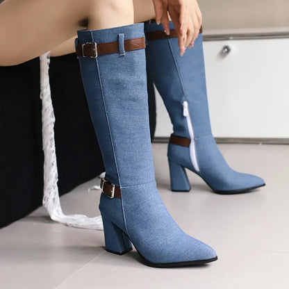 Plus Size Round Metal Belt Buckle Denim Material Knight Boots With Pointed High Thick Heels Women's Knee High Boots