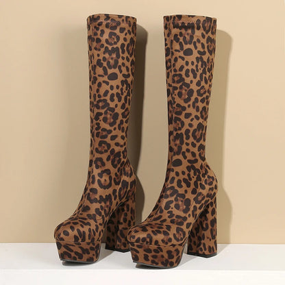 2024 Simple Style Super Waterproof Platform Leopard Print Flock Women's Knee Boots Super Chunky Heel Slip-On Sewing Tight Boots