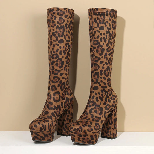 2024 Simple Style Super Waterproof Platform Leopard Print Flock Women's Knee Boots Super Chunky Heel Slip-On Sewing Tight Boots