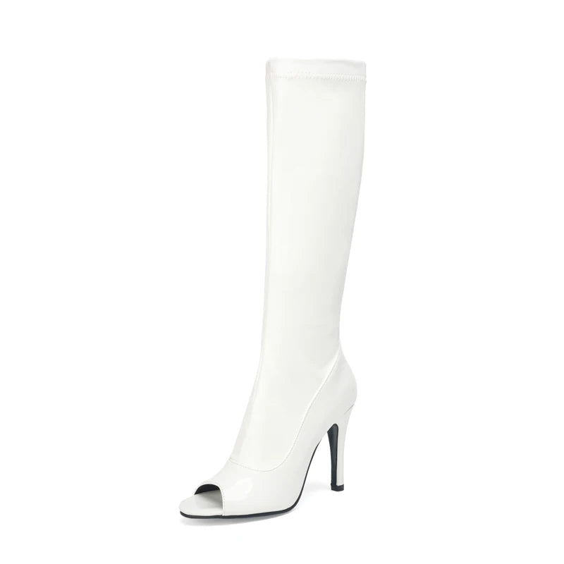 Plus Size Glossy Patent Leather Material Spring Breathable Peep Toe Knee High Boots Zipper Ultra-High Slim Heel Sexy Long Boots