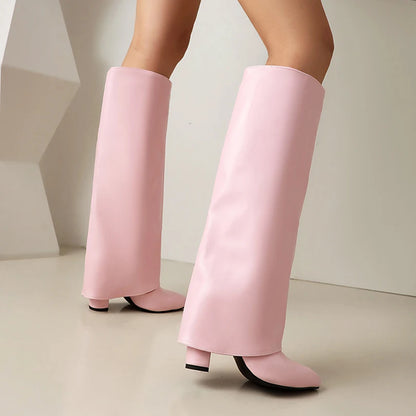 Sharp Pointed Ultra-High Square Heel Turned Over Edge Breathable Inner Knee Boots Slip-On British Style Fashion Trend Long Boots