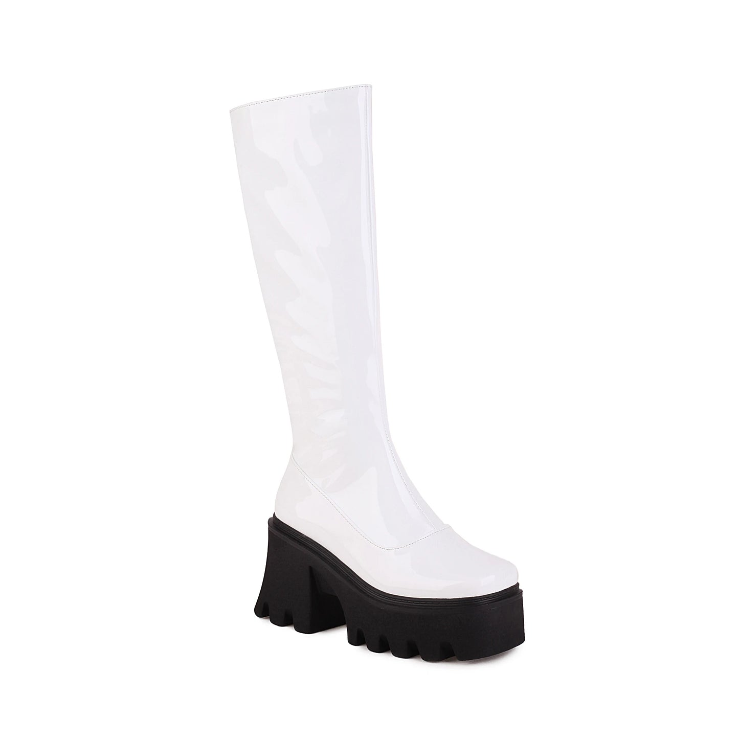 Square Toe Ultra-High Platform Non-Slip Rubber Platform Heel Knee Boots Simple Style Bright Patent Leather Height-Enhancing Shoe