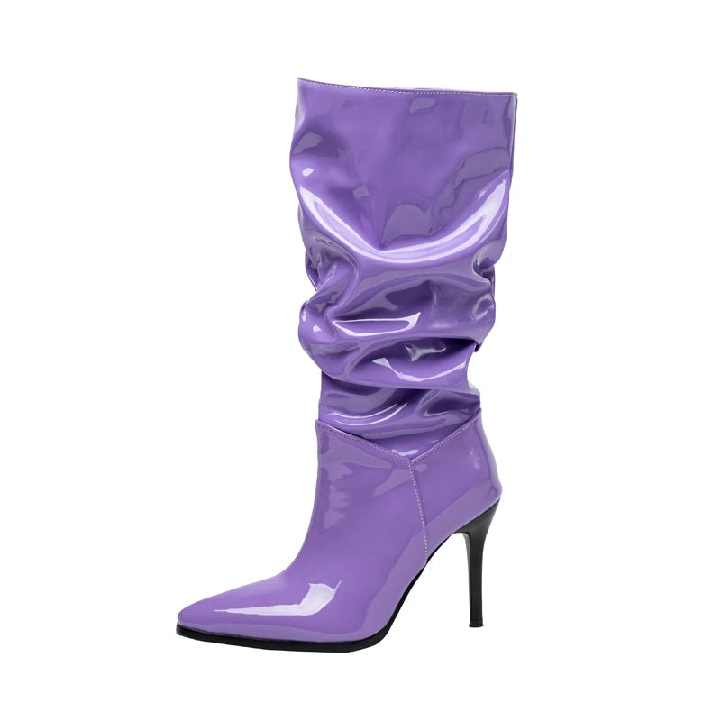 Plus Size Shiny Patent Leather Pointed Toe Super High Thin Heel Short Plush Lining Slip-On Sexy Women's Mid-Calf Boots