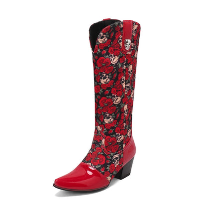 Plus Size Pointed High Heel Printed Fabric With Glossy Patent Leather Metal Buckle Decoration For Women's Knee Length Boots