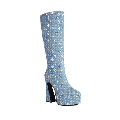 Pointed Ultra-High Contoured Hollowed Out Heel And Gretel Sequin Novel Knee Boots With Breathable Lining Denim Sequin Boots