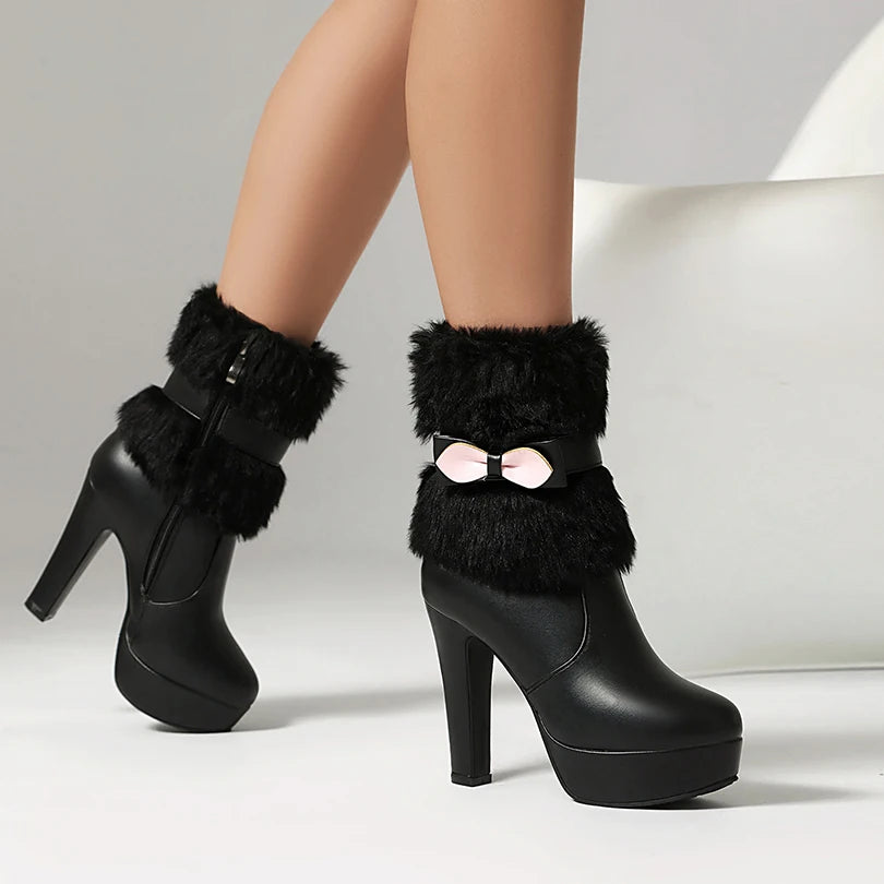 Fur Splicing PU Bow Side Zipper Winter Snow Boots Round Toe Platform Ultra-High Thick Heel Winter New Warm Mid-Calf Boots