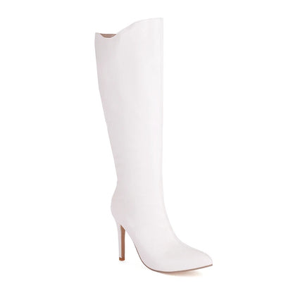 Plus Size Stone Stripe Pointed Tip Super High Thin Heels Sexy Slip-On Women's Knee Length Boots Plush Inner Lining Long Boots