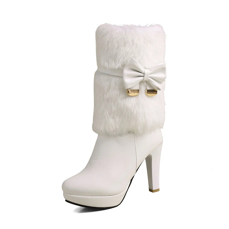 Fur Spliced PU Bow Decal Ultra-High Thick Heel, Lolita Style Boots Waterproof Platform Plush Interior Side Zipper Mid-Calf Boots